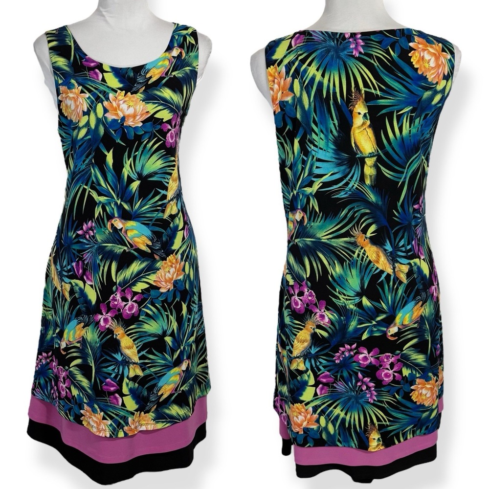 Madison Leigh Tropical Sleeveless‎ Jersey Dress Size 14 Black Floral Birds Lotus